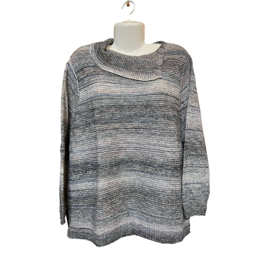 CJ Banks Women's Marled Blue/Grey Cowl Neck W/Buttons Pullover Sweater Size 1X